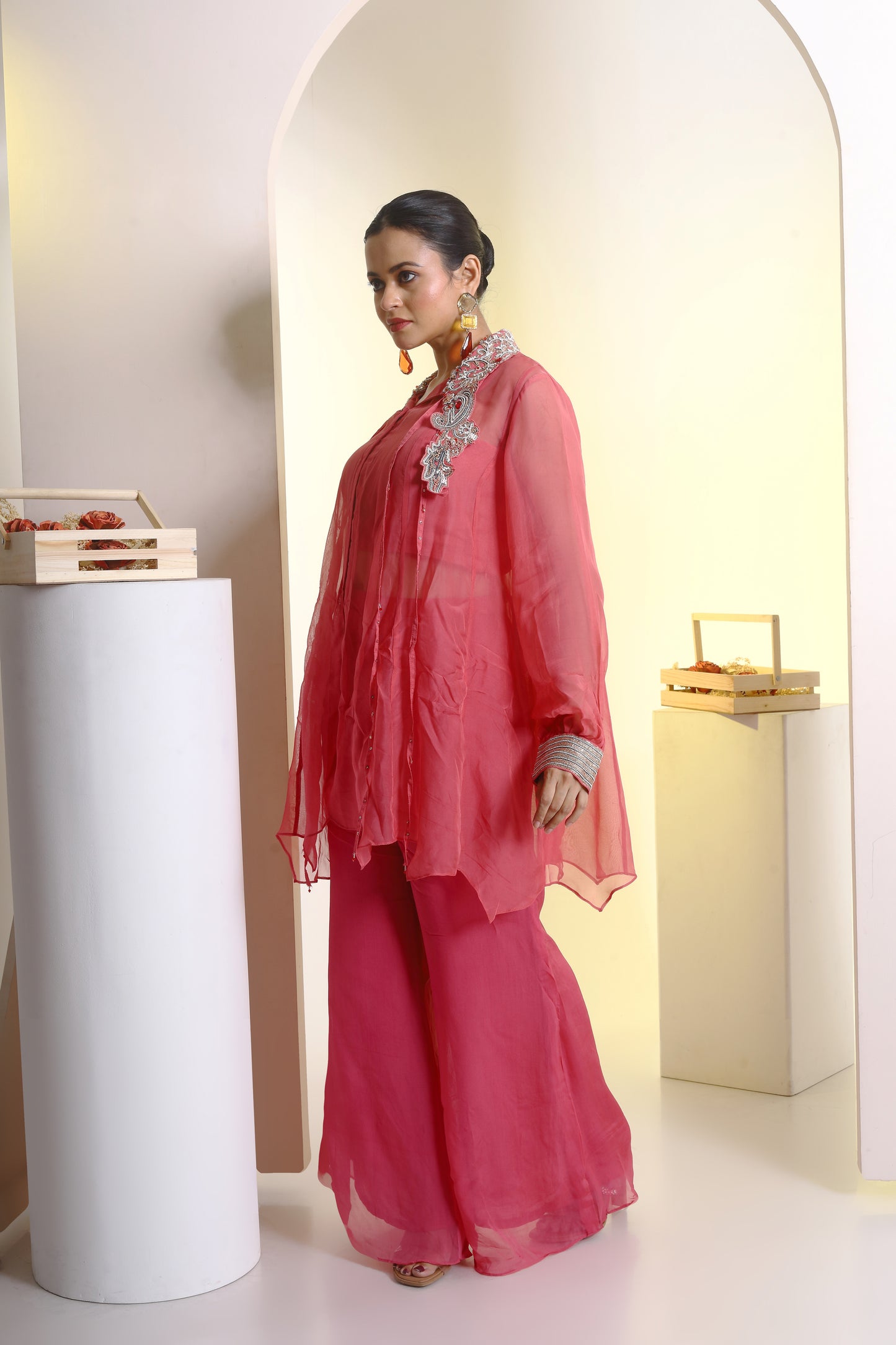 Organza oversized shirt , bustier and bell bottoms
