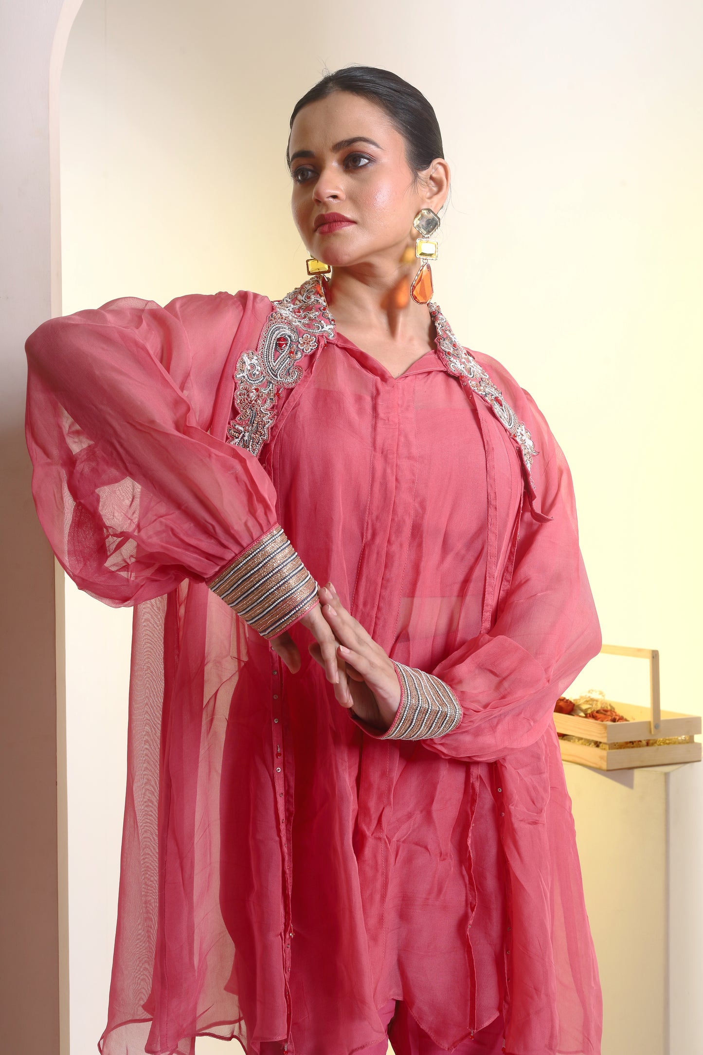 Organza oversized shirt , bustier and bell bottoms