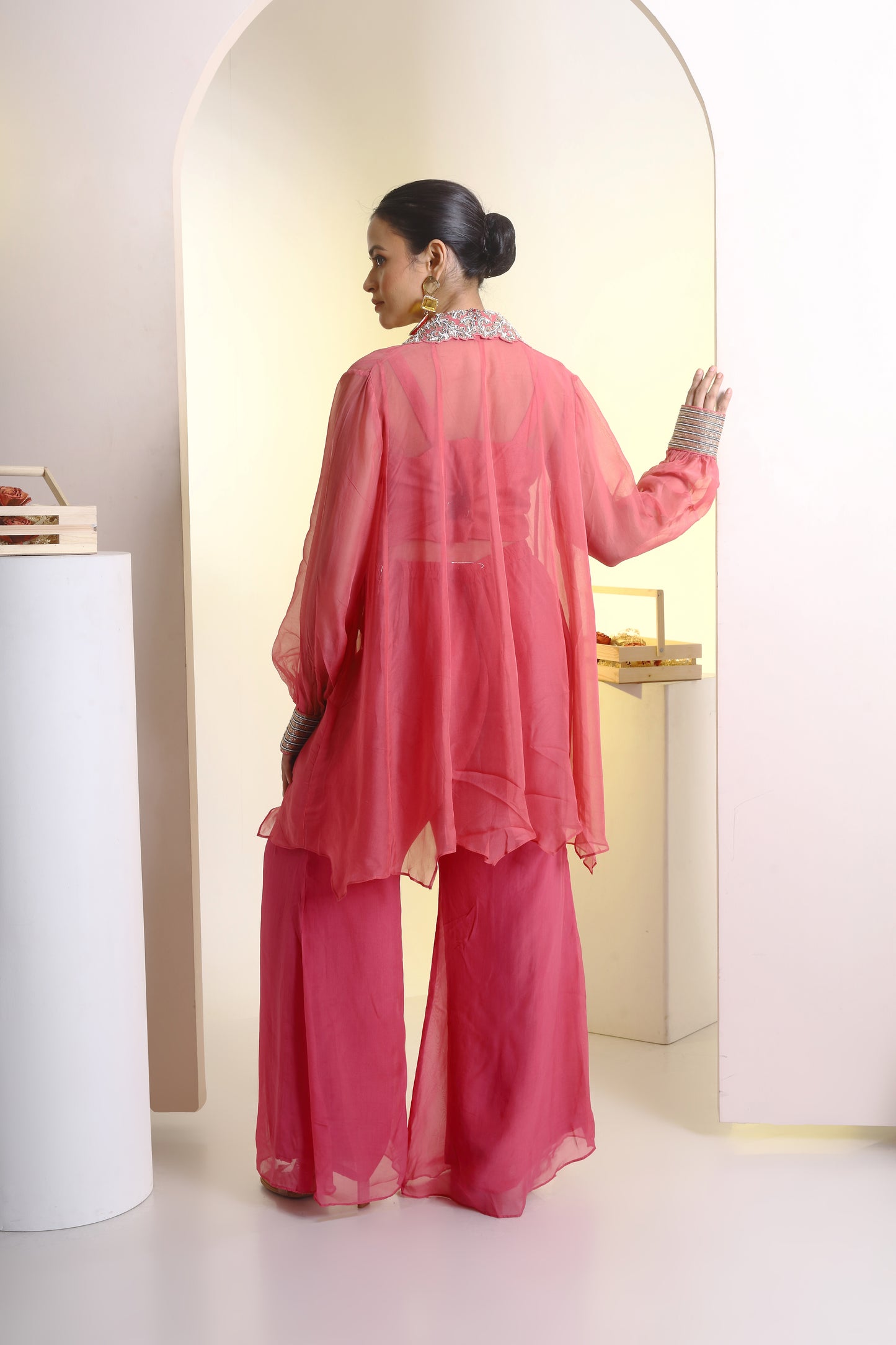 Organza oversized shirt , bustier and bell bottoms