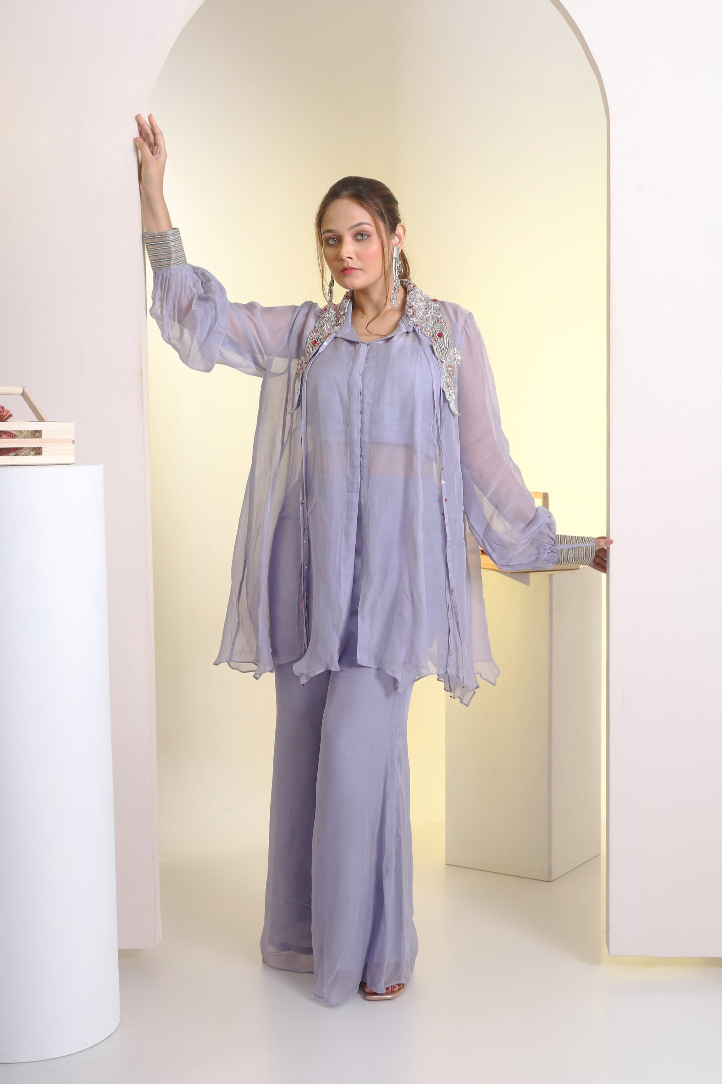Organza oversized shirt , bustier and bell bottoms