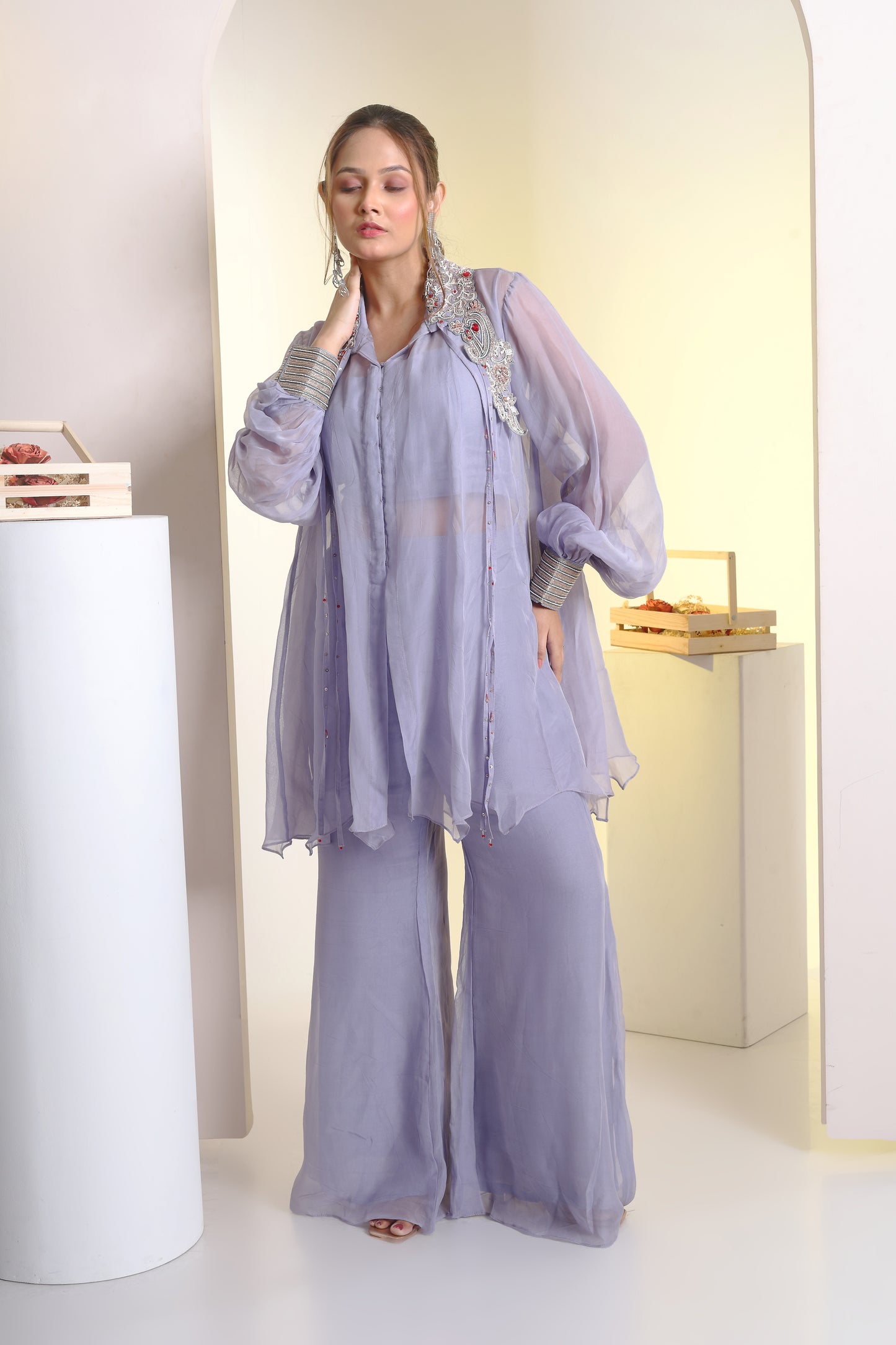 Organza oversized shirt , bustier and bell bottoms