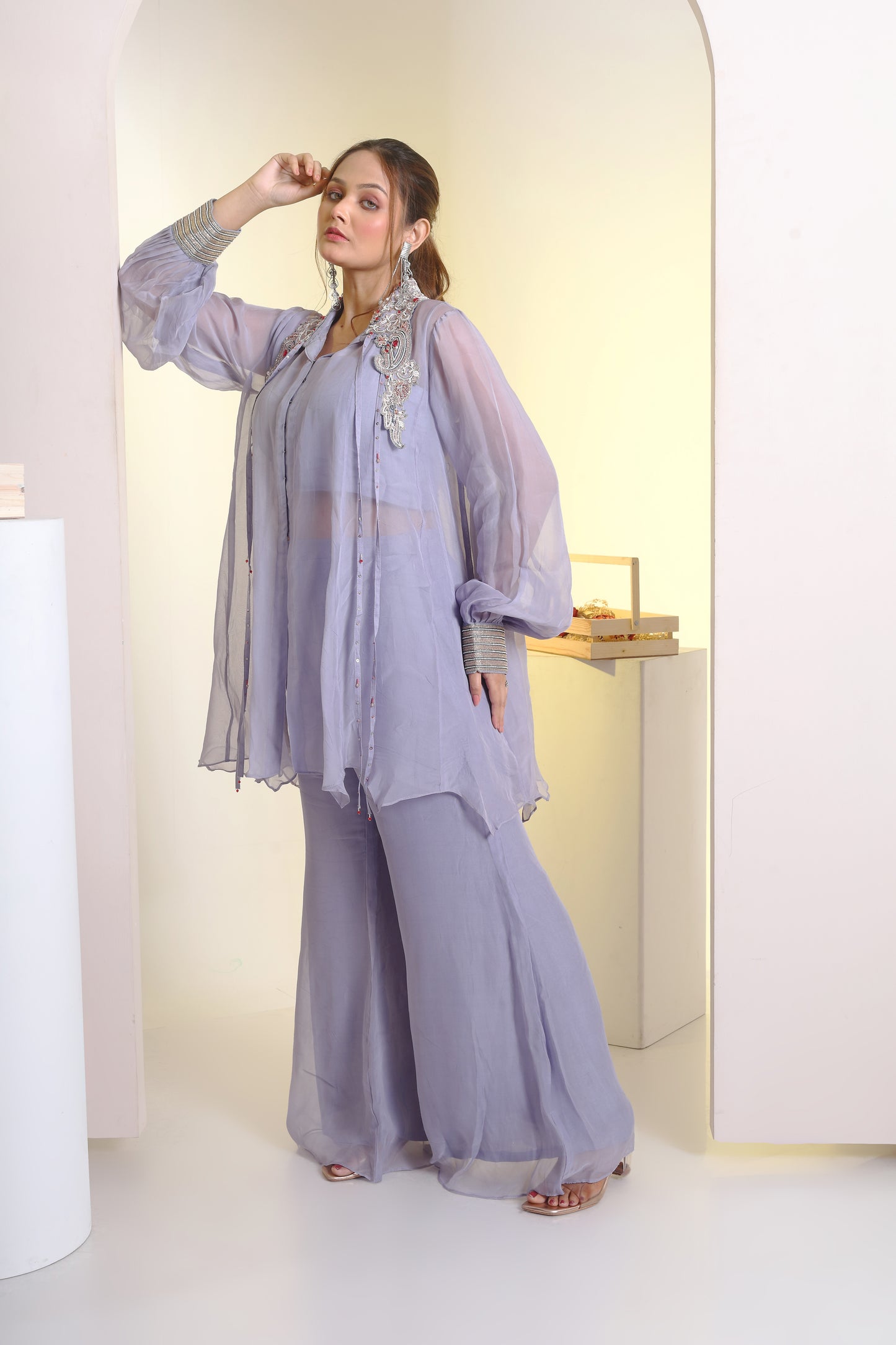 Organza oversized shirt , bustier and bell bottoms