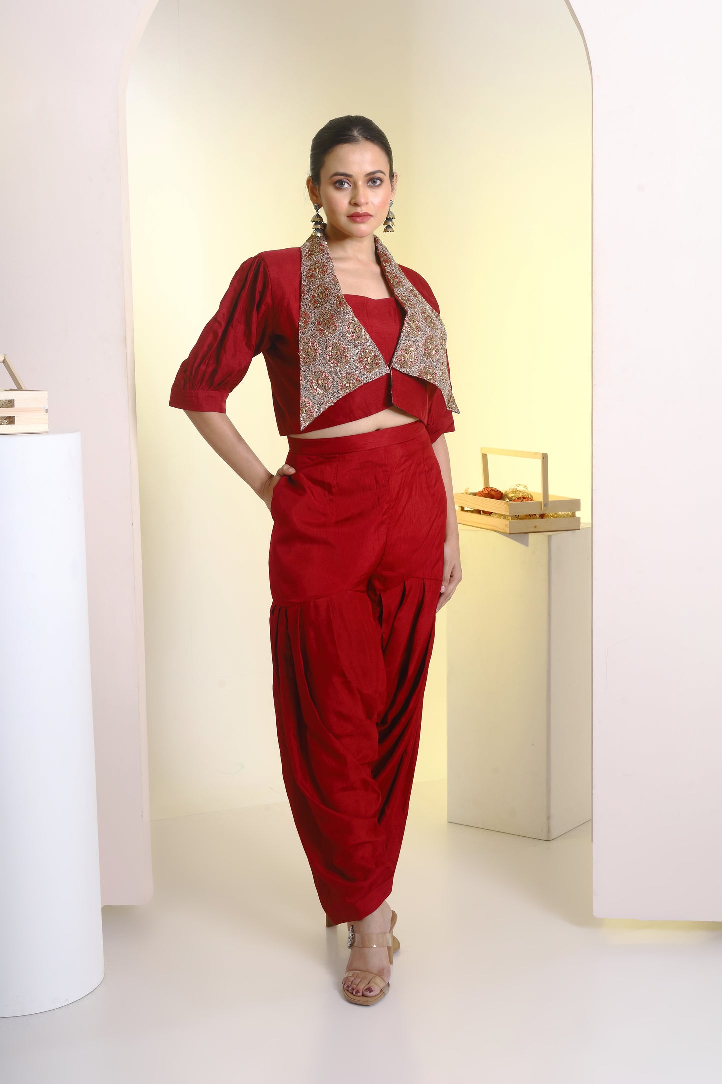 Long embroidered collar blazer and bustier with harem pants