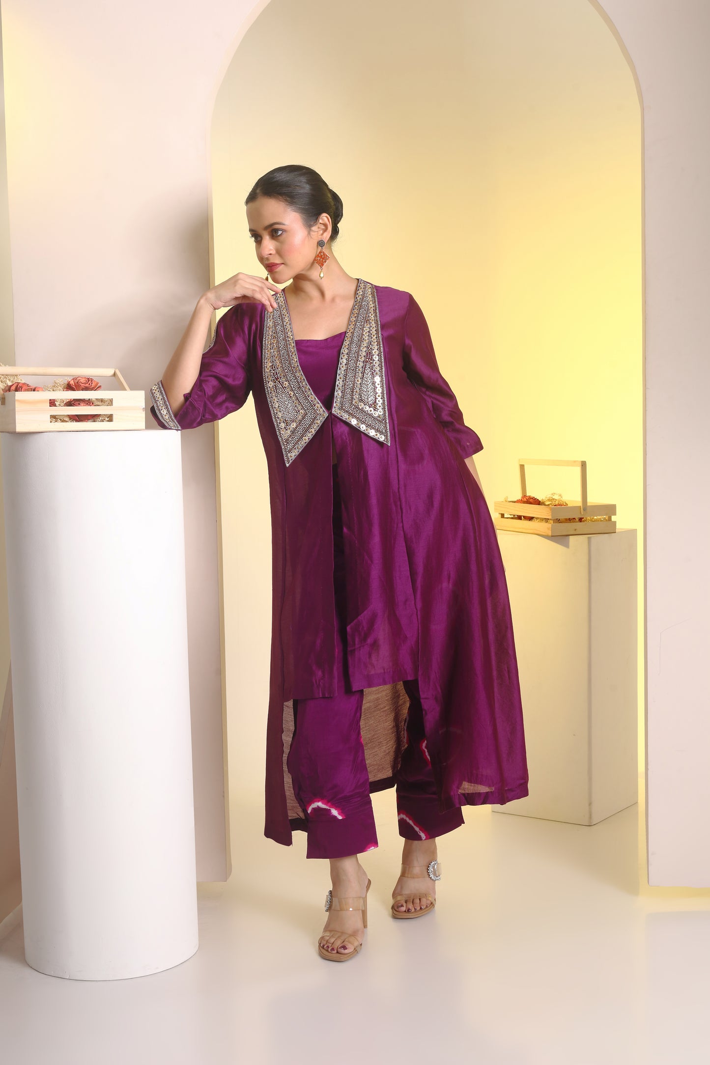Embroidered collar jacket, bustier and peplum pant set