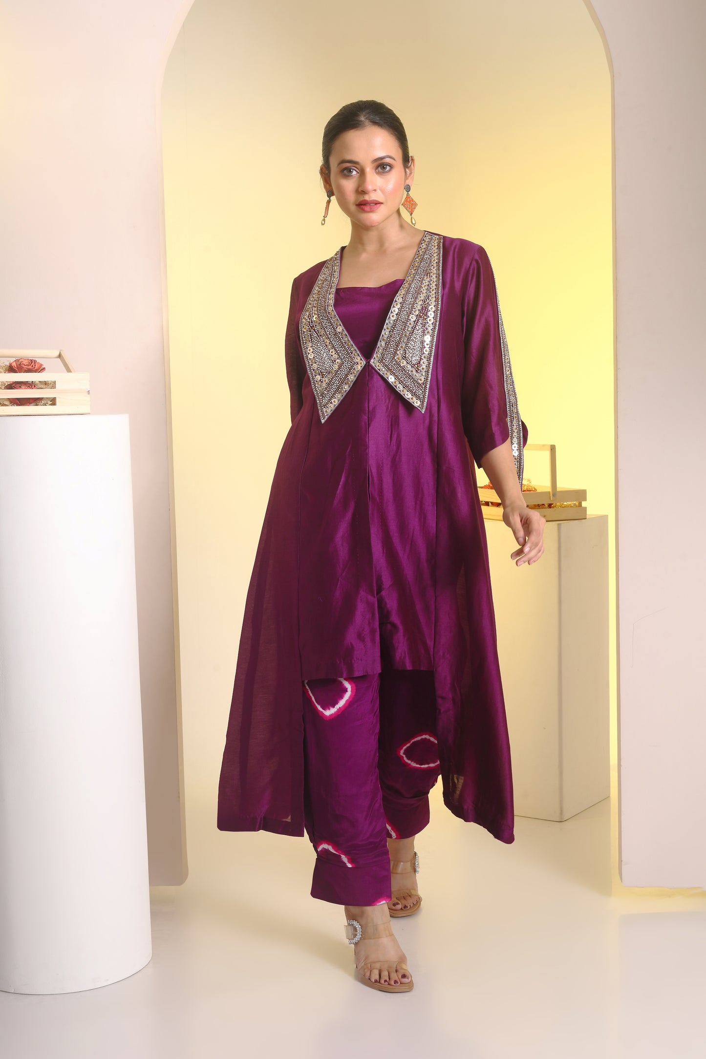 Embroidered collar jacket, bustier and peplum pant set