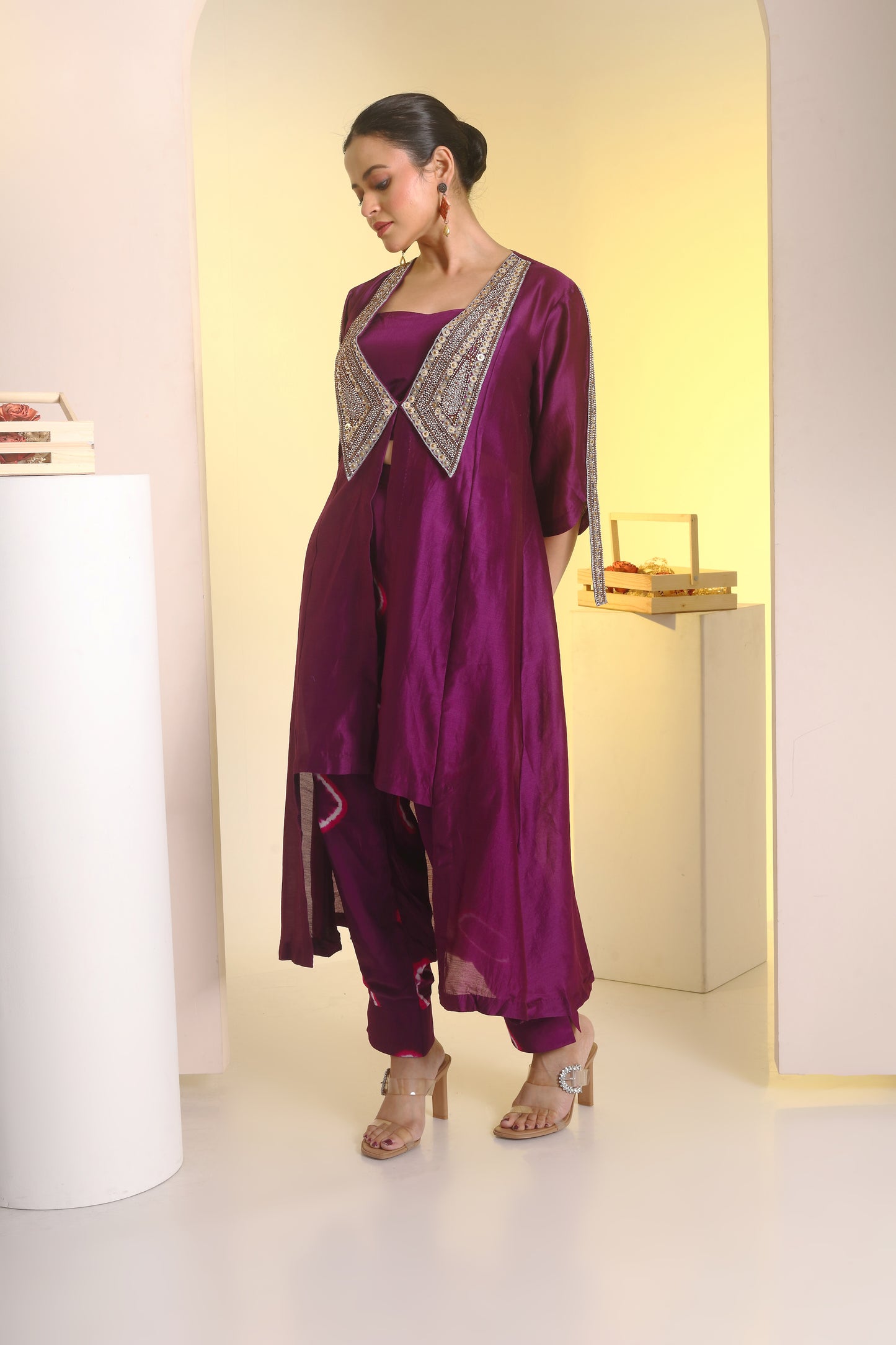Embroidered collar jacket, bustier and peplum pant set