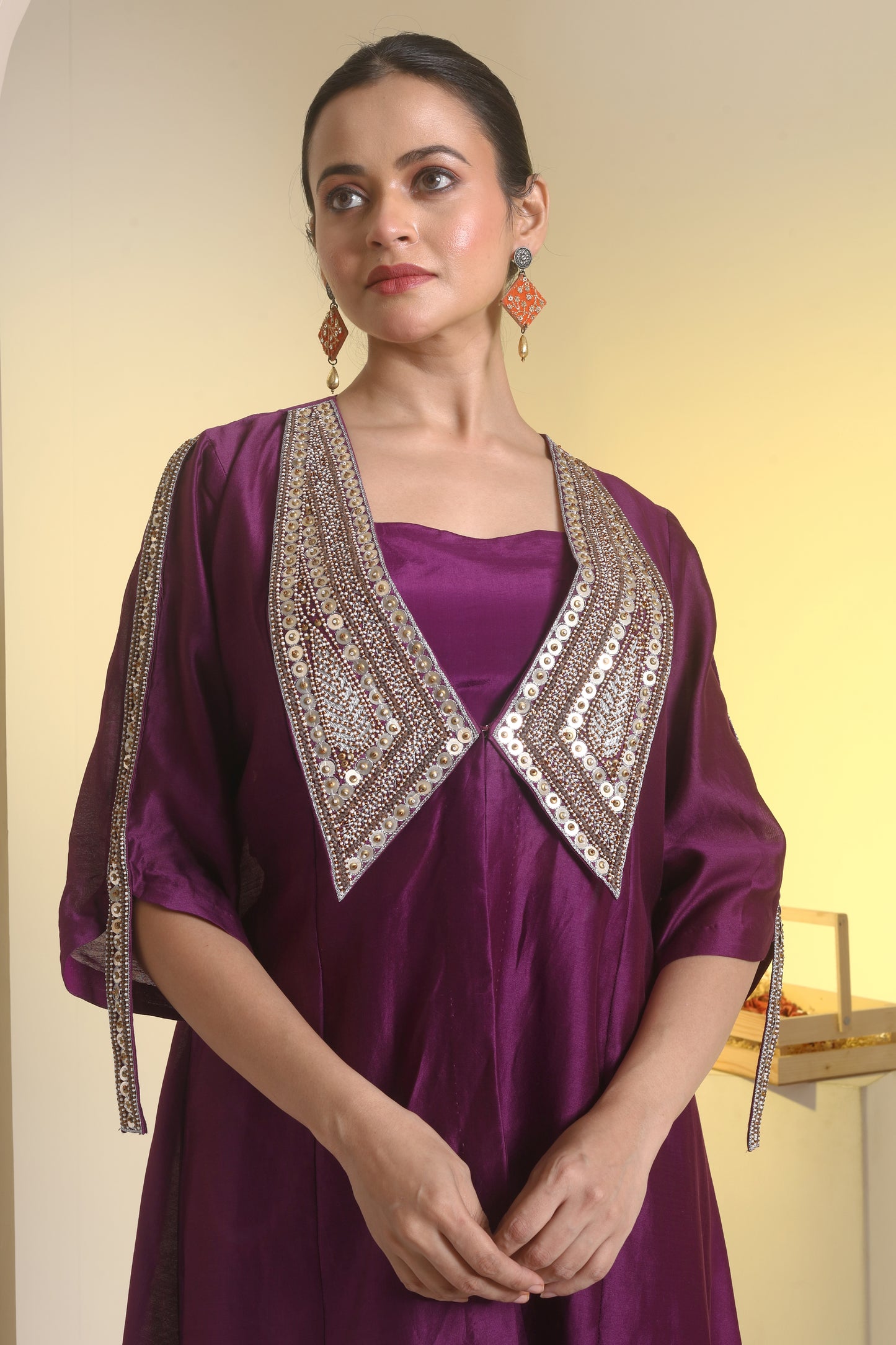 Embroidered collar jacket, bustier and peplum pant set