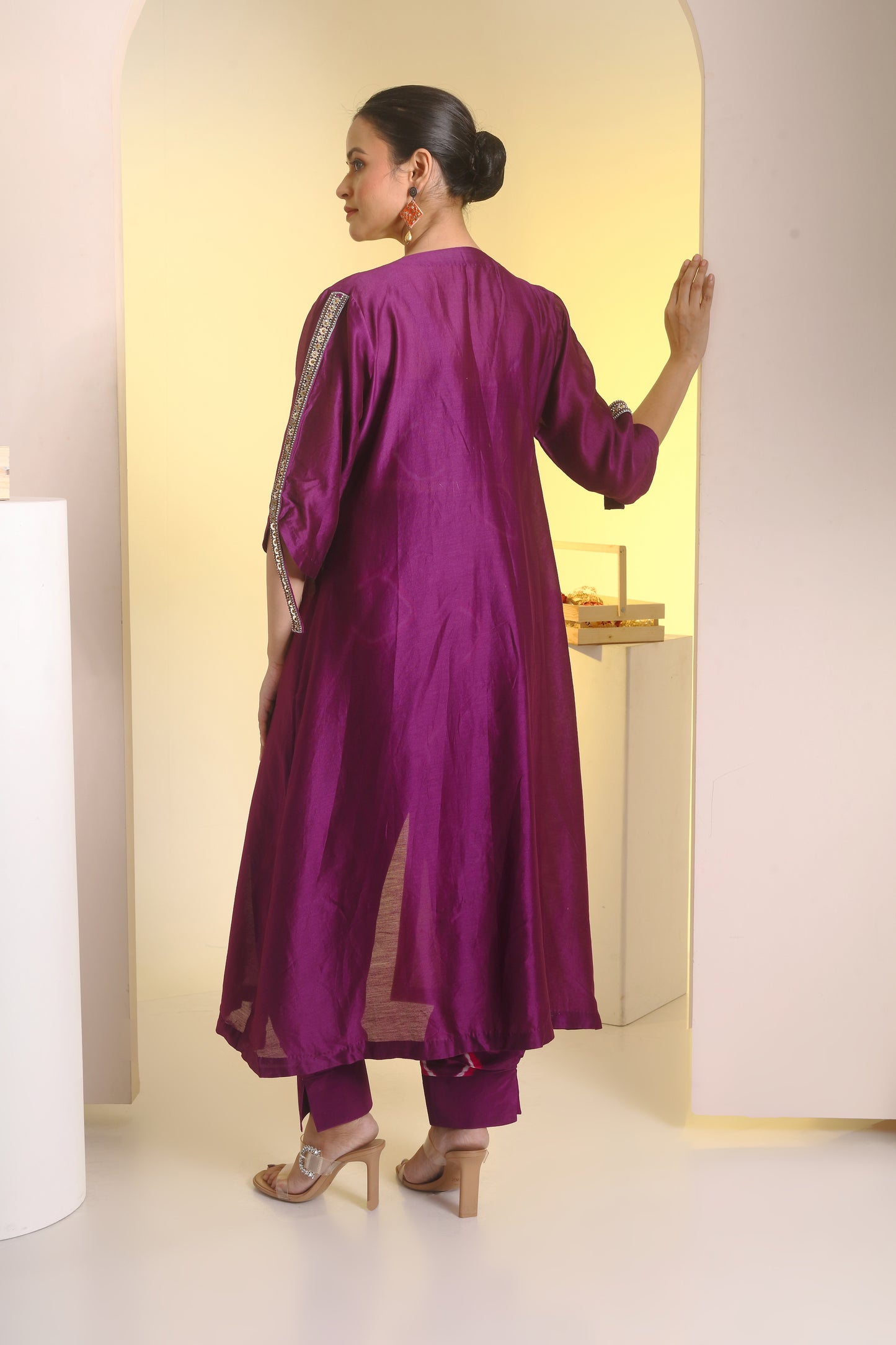 Embroidered collar jacket, bustier and peplum pant set