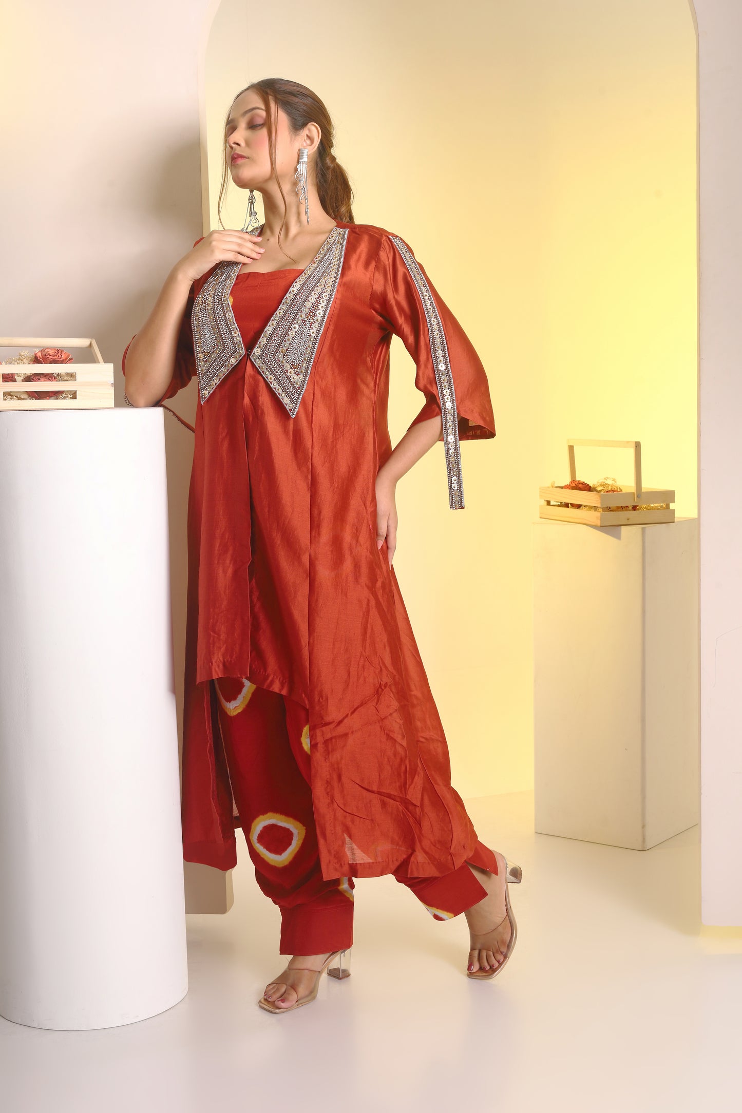 Embroidered collar jacket, bustier and peplum pant set