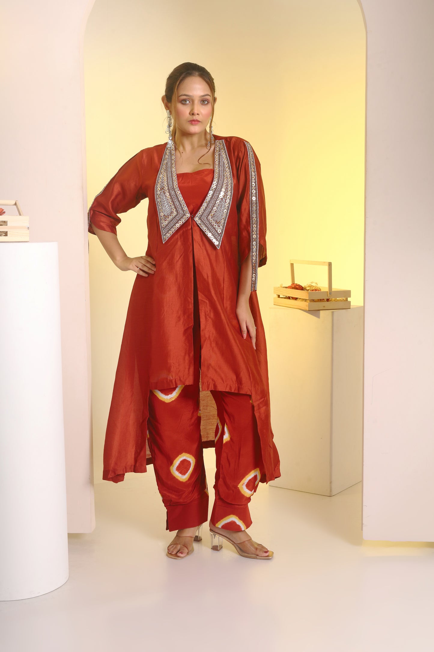 Embroidered collar jacket, bustier and peplum pant set