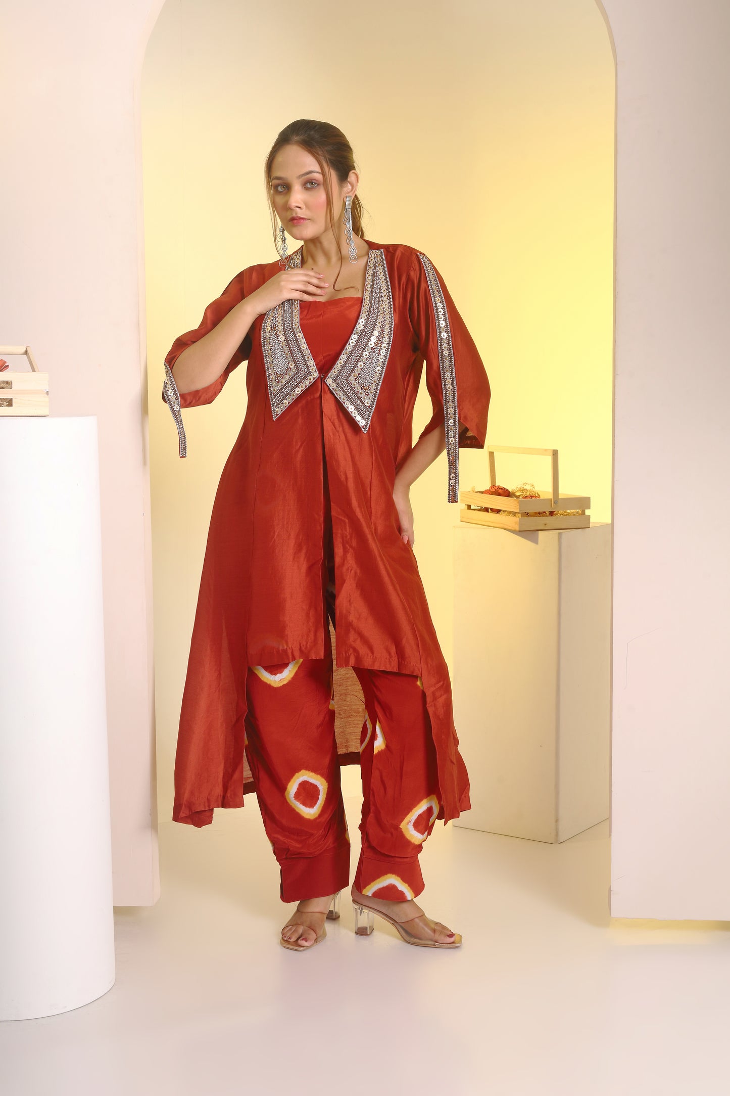 Embroidered collar jacket, bustier and peplum pant set
