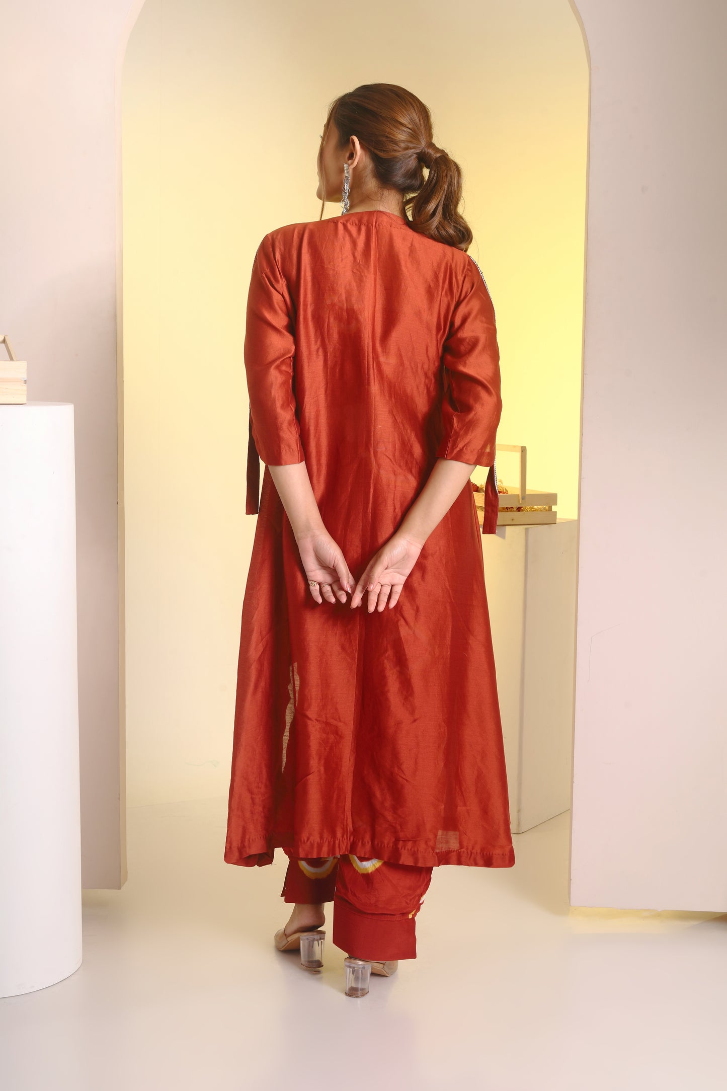 Embroidered collar jacket, bustier and peplum pant set