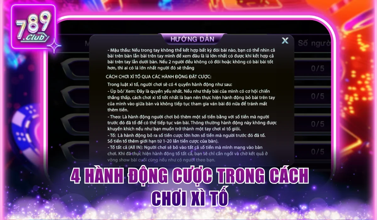 4 hành động cược trong cách chơi xì tố 7 cây